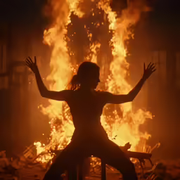 the woman is posing in front of fire