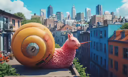 a pink animal that is leaning on a large yellow object