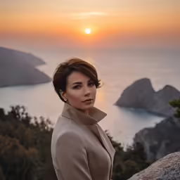 a woman is standing on top of a cliff overlooking a body of water