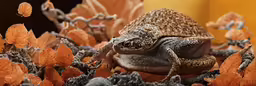 a small turtle sitting on top of leaves