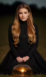 a girl in a black dress with long hair sitting on the grass