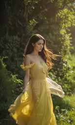 woman in yellow dress walking through the grass