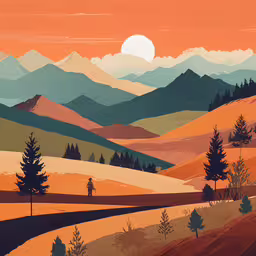 man and dog standing at sunset in desert hills,a painting of a person walking in the field next to mountains