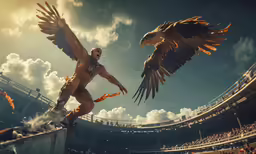 man with yellow wings stands on pedestal holding a burning bird