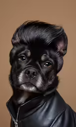 the small dog is wearing a leather jacket