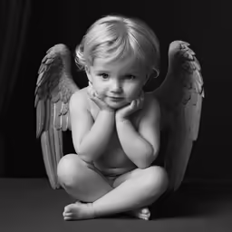 black and white photograph of a small angel on a dark background
