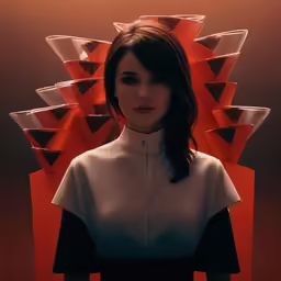 a beautiful woman with long dark hair standing in front of an arrangement of orange geometric shapes
