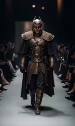 a man walking on a runway in armor