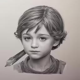 a black and white drawing of a boy with scissors in his hair