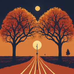 a couple of trees that are near one another,two trees are facing each other across a road