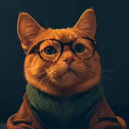 a cat with glasses on, with a brown coat on