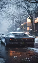 a sports car sits parked on a snowy street
