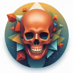 a skull with an orange face is surrounded by triangles