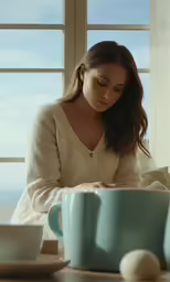 woman sitting at window sill with white cup