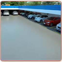 a parking garage with cars parked underneath it