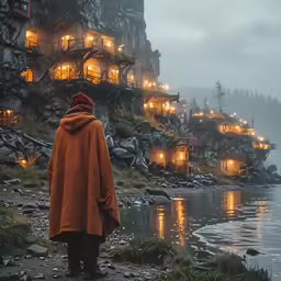 a person with an orange coat walking in the fog by some houses