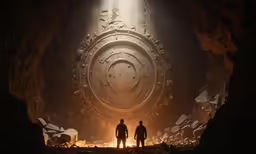 two people stand in front of a large object