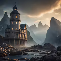 a castle on a rocky coastline in front of mountains