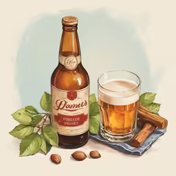 bottle of beer, cinnamons and cigar on a table