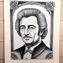 an engraving of a man with long hair and mustache,the portrait of michael wells is framed in an art work,a portrait of a man with long hair and beard,a drawing of abraham lincoln is shown on wood,a black and white portrait is shown on a wall