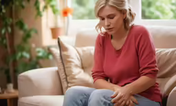 a woman in red sweater and jeans sitting on a couch