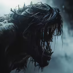 a large dinosaur with sharp teeth and long hair