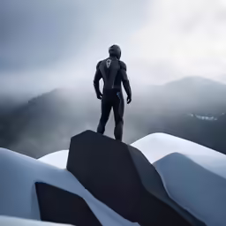 the man is standing on the top of the mountain
