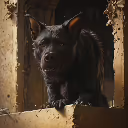 the black dog has yellow eyes and brown ears