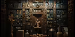 a room with lots of vases and a small statue