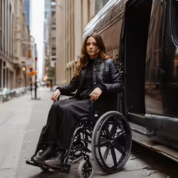 a woman in a wheelchair next to an empty van