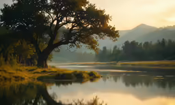 the lake looks quiet at sunrise or dusk