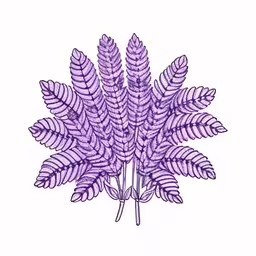 an embroidery pattern with some pink flowers on it,a drawing of a purple plant,purple leaves are arranged on the white background,a purple fern plant, with large green leaves,a branch of a palm tree with leaves, illustration
