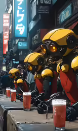 many little robots holding cups on the side of a table