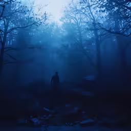 a person in the distance standing in front of a forest
