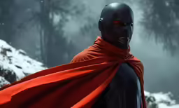 a superhero with red cape in the woods