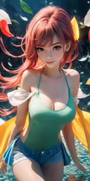 a young woman in an open green swimsuit with flowers