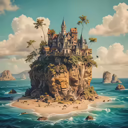 an old castle is shown on the side of an island