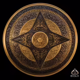 an artistic looking gold plate with intricate designs