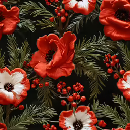 a flower pattern on a black background with red flowers