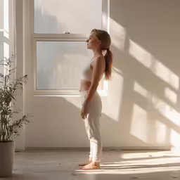 a pregnant woman posing in front of a window