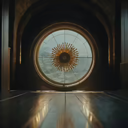 a sunflower window at a building, looking outside