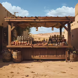 an old - fashioned bar made out of wood and jars