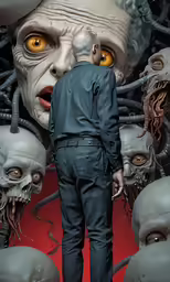 an evil looking man staring down at lots of heads