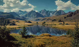 a view of mountains and water from a field