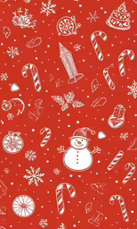a red fabric with white drawings of christmas items