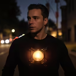 man on street holding light at night with city scene