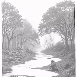 a man on a riverbank is sitting under a tree