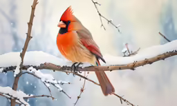 the bird is sitting on the branch in the snow