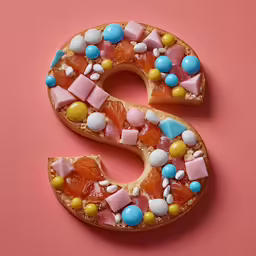 the letter s made of cookies and candies on pink background