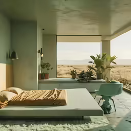 the bed is covered in a tan blanket